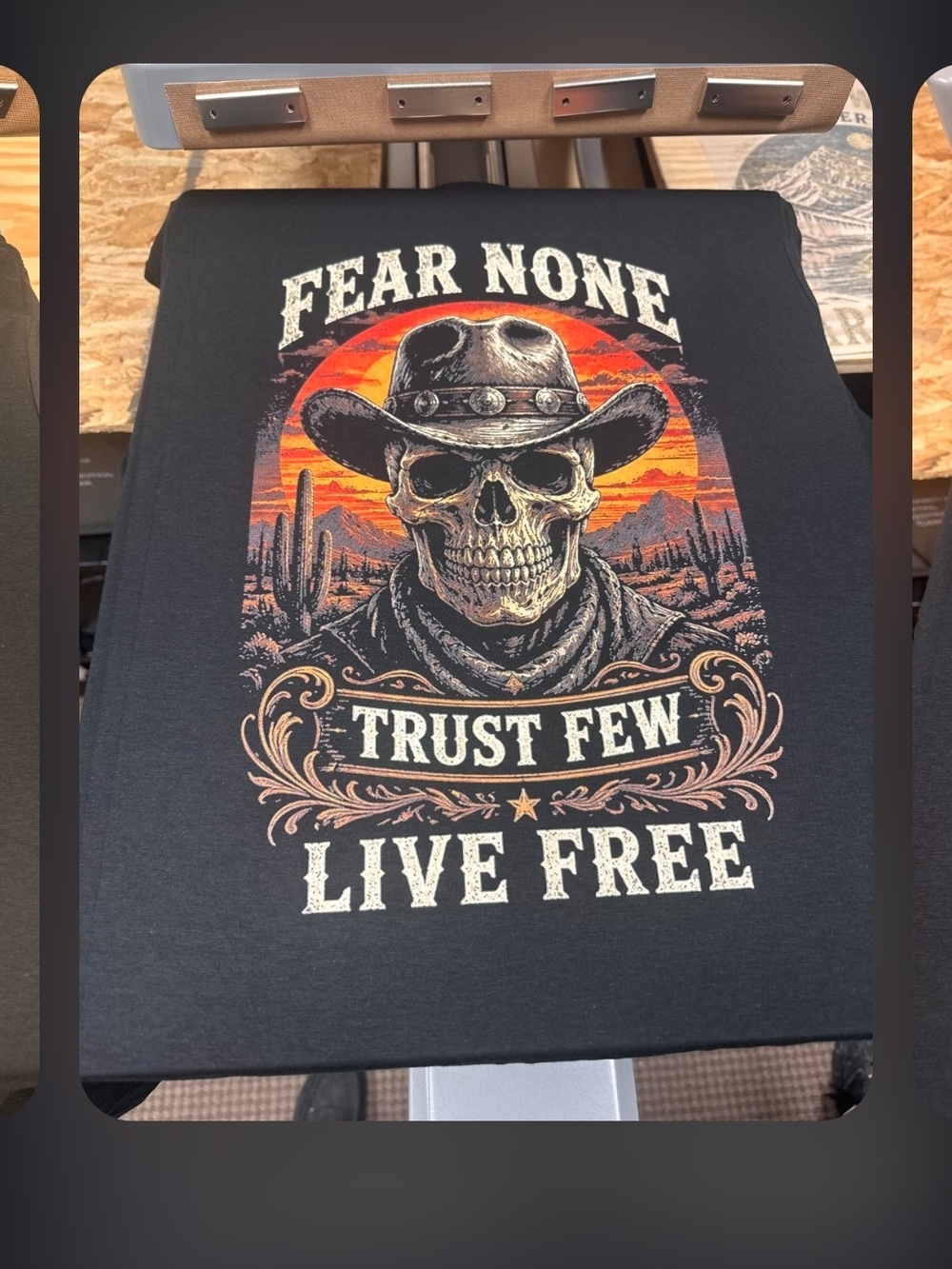 Fear None Skull Cowboy Graphic Tee - Black with Orange & Cream Print